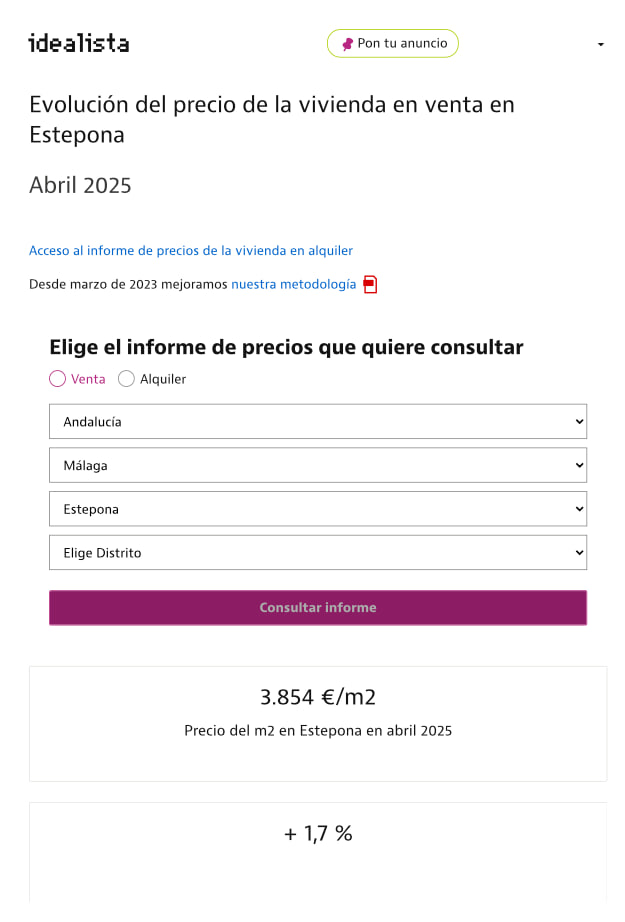 Informe del precio de la vivienda en venta en Estepona de Abril de 2025